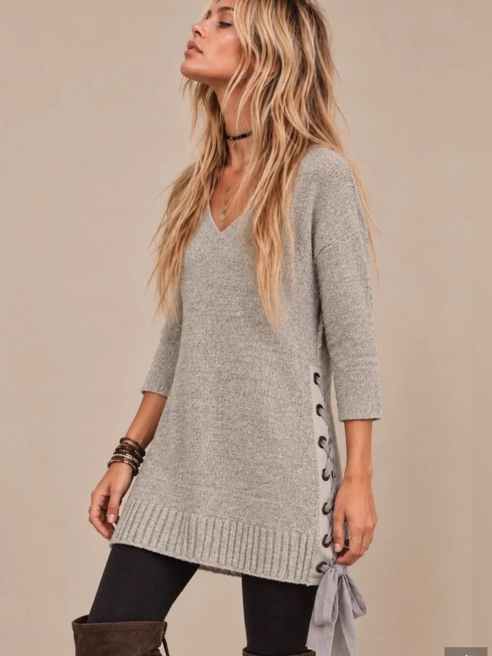 Free People Light Gray V-Neck Lace-Up Side Tunic Sweater